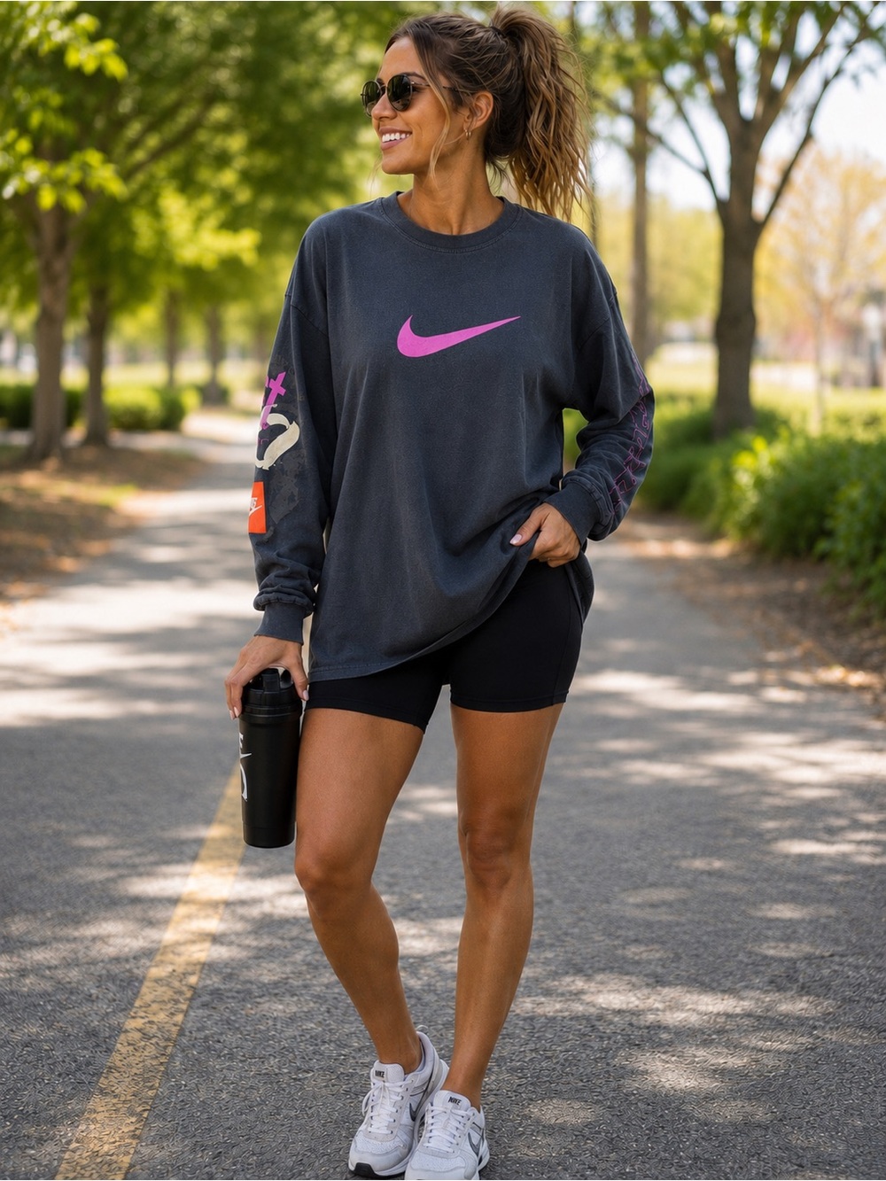 Nike Black Long Sleeve Tee with Hot Pink Swoosh
